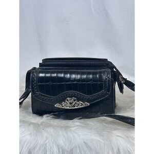 M.C. Black Faux Croc Embossed Crossbody Bag Heart Tiara Silver Hardware Gothic